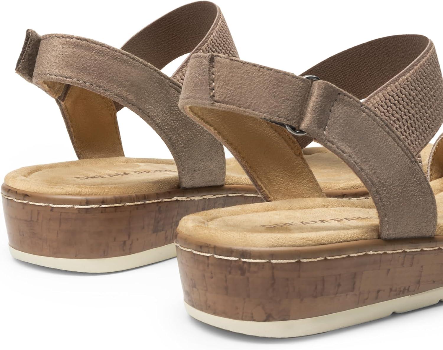 imageDREAM PAIRS Womens Comfortable Dressy Cork Low Wedge Heels Cute Summer One Band Casual Flat Sandals with Adjustable Ankle StrapTaupe