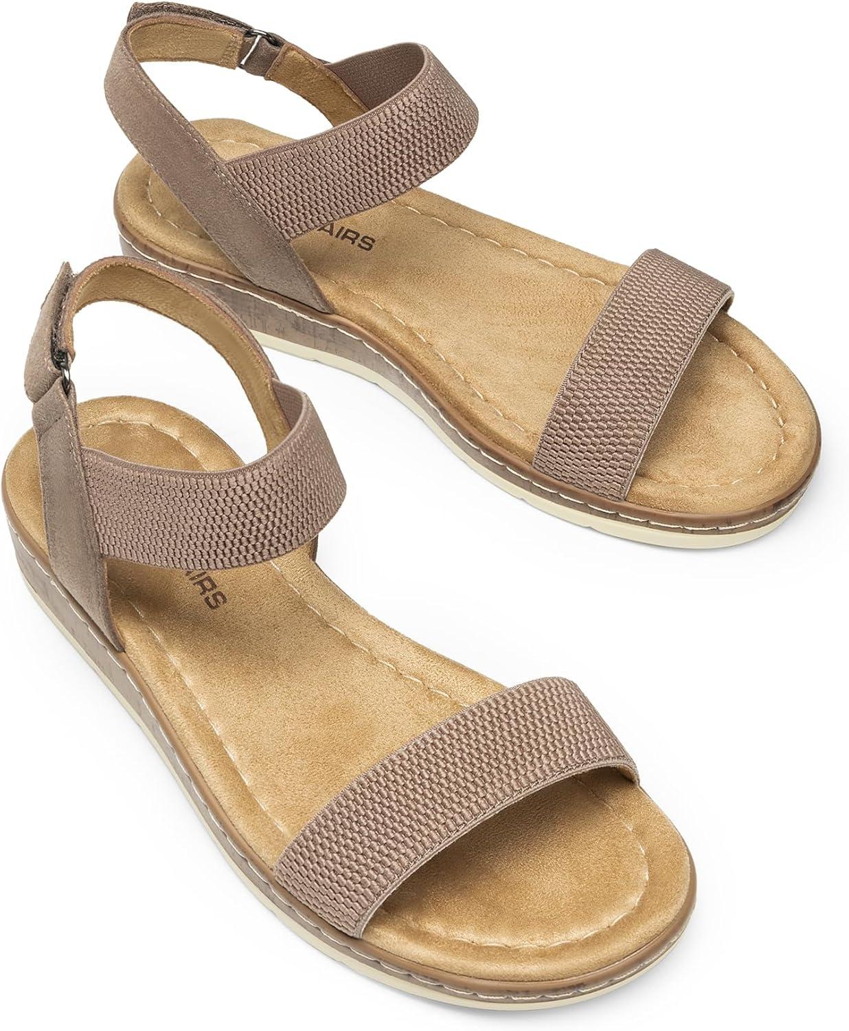imageDREAM PAIRS Womens Comfortable Dressy Cork Low Wedge Heels Cute Summer One Band Casual Flat Sandals with Adjustable Ankle StrapTaupe