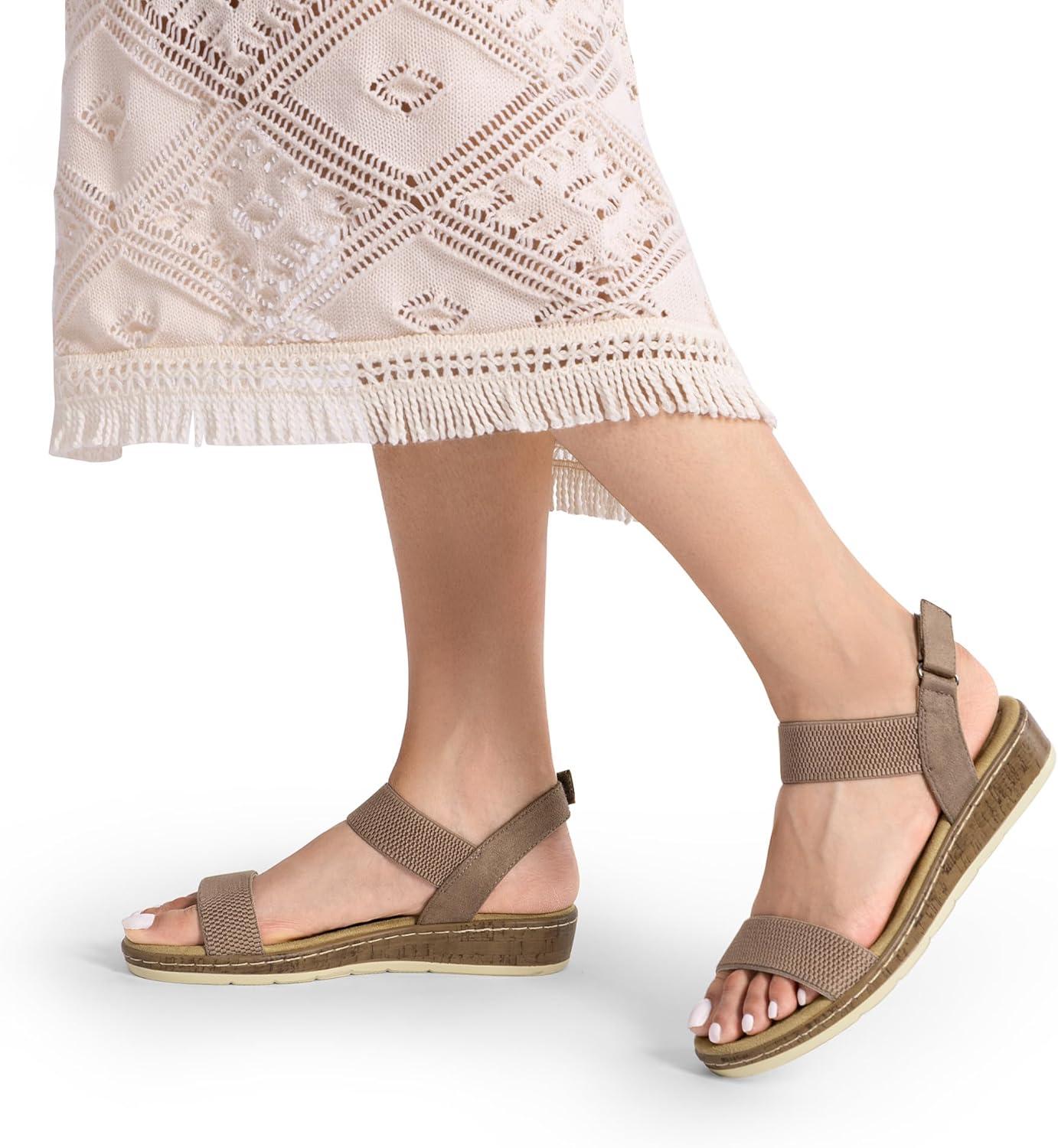 imageDREAM PAIRS Womens Comfortable Dressy Cork Low Wedge Heels Cute Summer One Band Casual Flat Sandals with Adjustable Ankle StrapTaupe