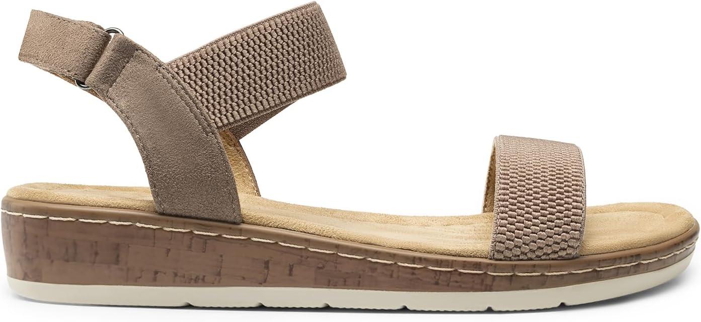 imageDREAM PAIRS Womens Comfortable Dressy Cork Low Wedge Heels Cute Summer One Band Casual Flat Sandals with Adjustable Ankle StrapTaupe