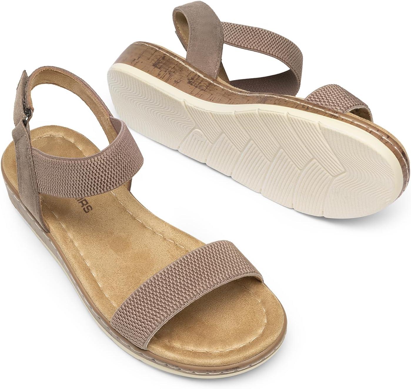 imageDREAM PAIRS Womens Comfortable Dressy Cork Low Wedge Heels Cute Summer One Band Casual Flat Sandals with Adjustable Ankle StrapTaupe
