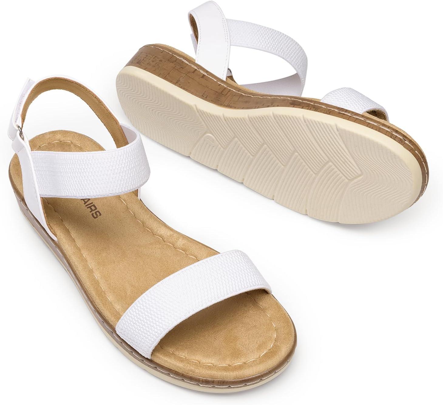 imageDREAM PAIRS Womens Comfortable Dressy Cork Low Wedge Heels Cute Summer One Band Casual Flat Sandals with Adjustable Ankle StrapWhite