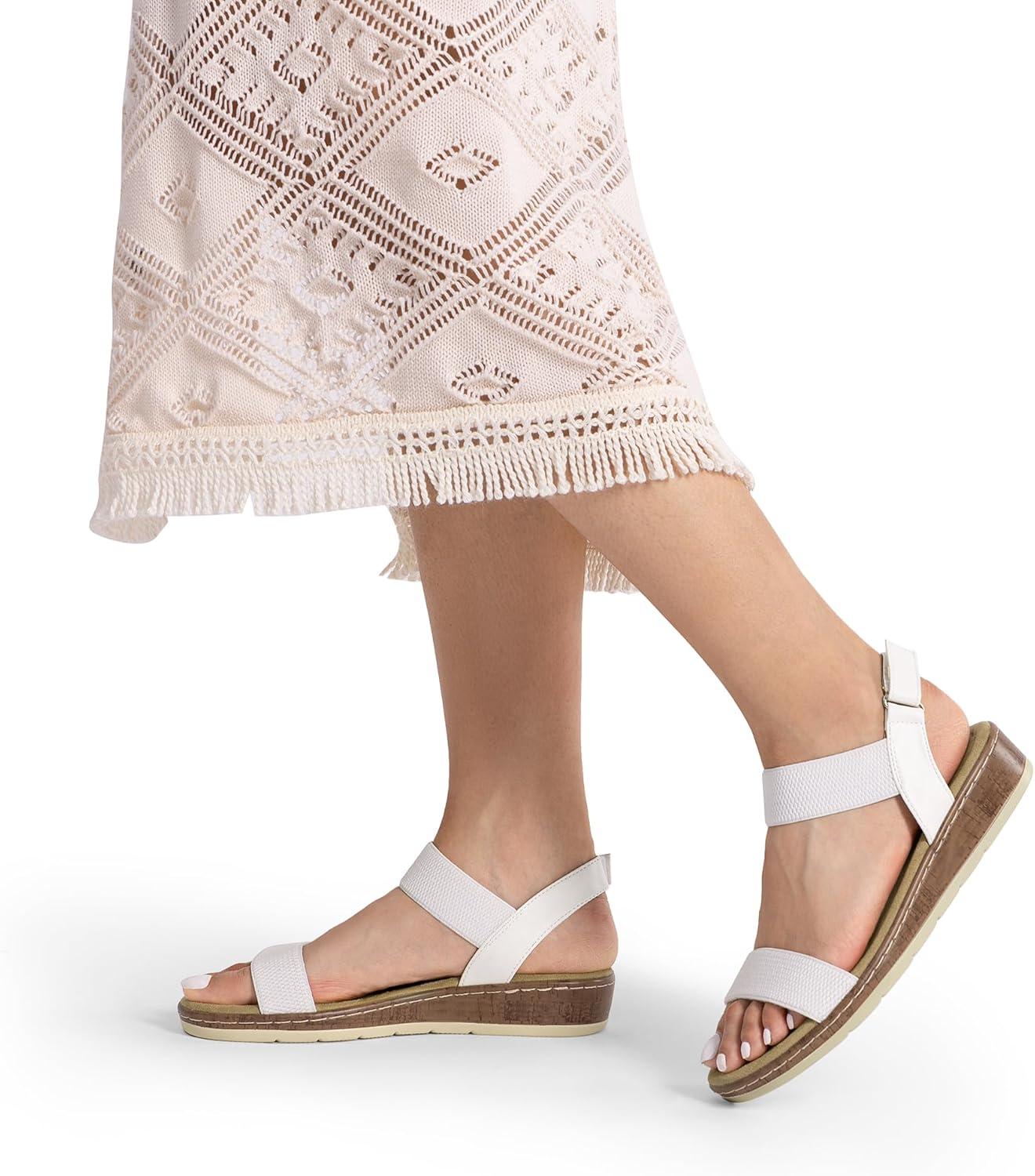 imageDREAM PAIRS Womens Comfortable Dressy Cork Low Wedge Heels Cute Summer One Band Casual Flat Sandals with Adjustable Ankle StrapWhite