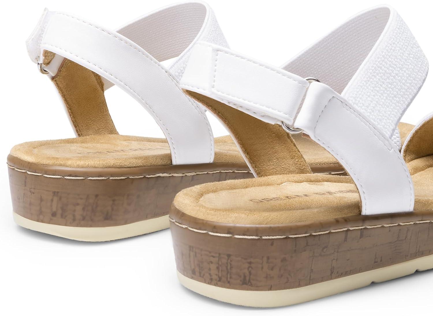 imageDREAM PAIRS Womens Comfortable Dressy Cork Low Wedge Heels Cute Summer One Band Casual Flat Sandals with Adjustable Ankle StrapWhite