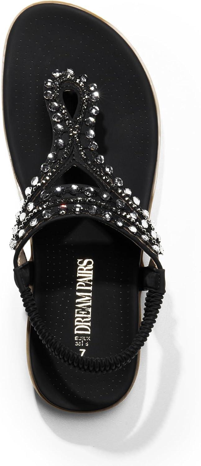imageDREAM PAIRS Womens Comfortable Dressy Flat Sandals Rhinestone Elastic TStrap Thong Sandals for Summer BeachBlack