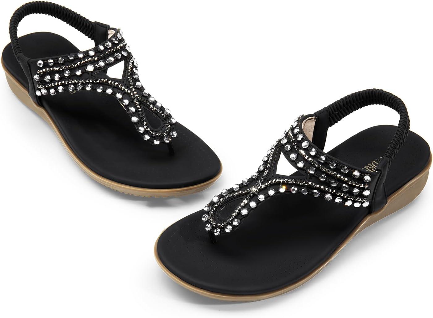 imageDREAM PAIRS Womens Comfortable Dressy Flat Sandals Rhinestone Elastic TStrap Thong Sandals for Summer BeachBlack