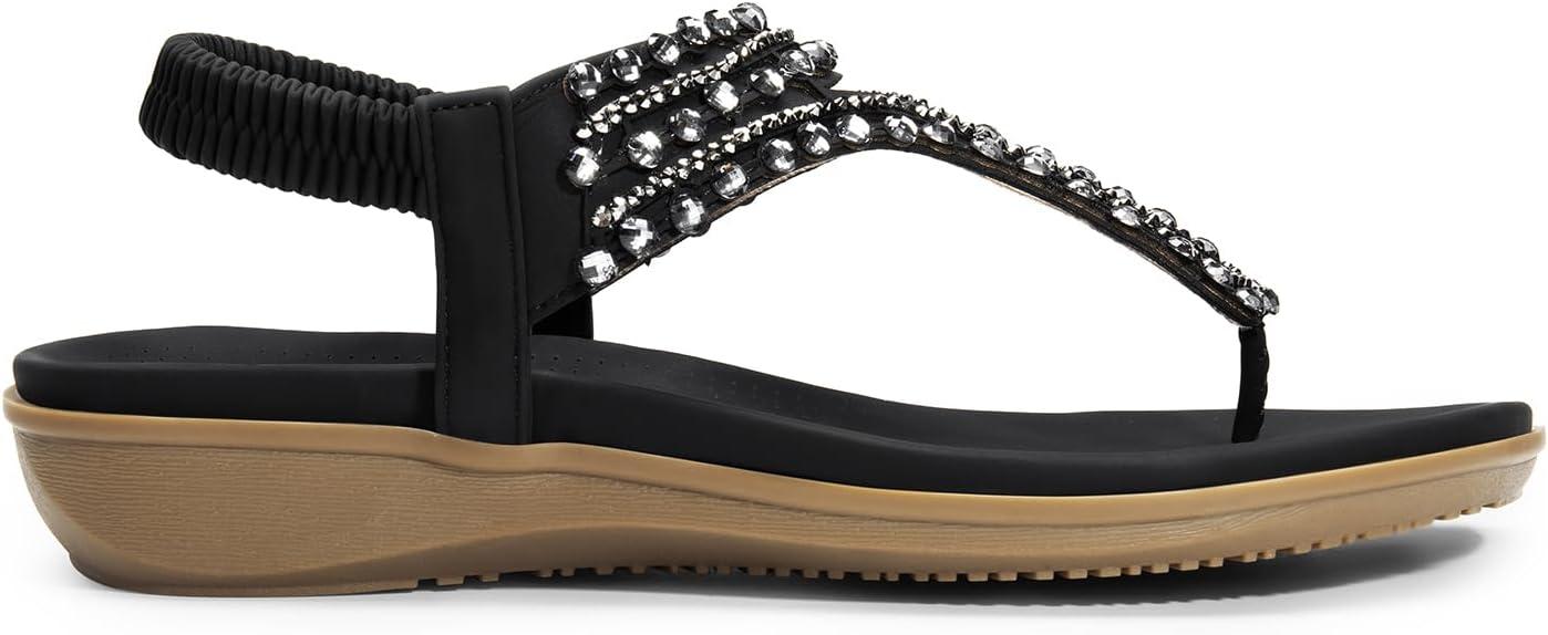 imageDREAM PAIRS Womens Comfortable Dressy Flat Sandals Rhinestone Elastic TStrap Thong Sandals for Summer BeachBlack