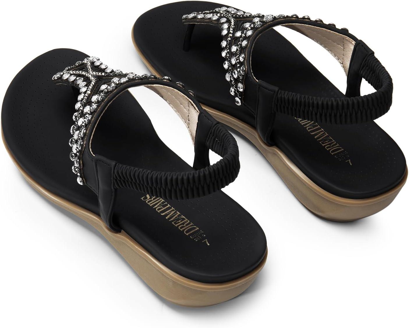 imageDREAM PAIRS Womens Comfortable Dressy Flat Sandals Rhinestone Elastic TStrap Thong Sandals for Summer BeachBlack