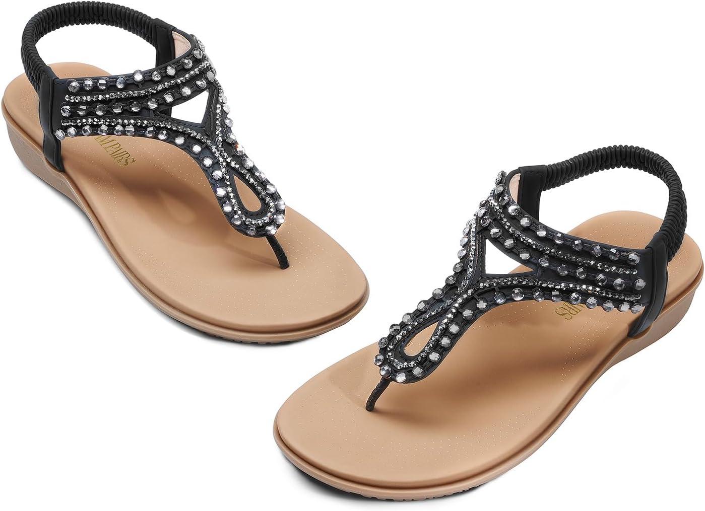 imageDREAM PAIRS Womens Comfortable Dressy Flat Sandals Rhinestone Elastic TStrap Thong Sandals for Summer BeachBlackBrownnubuck