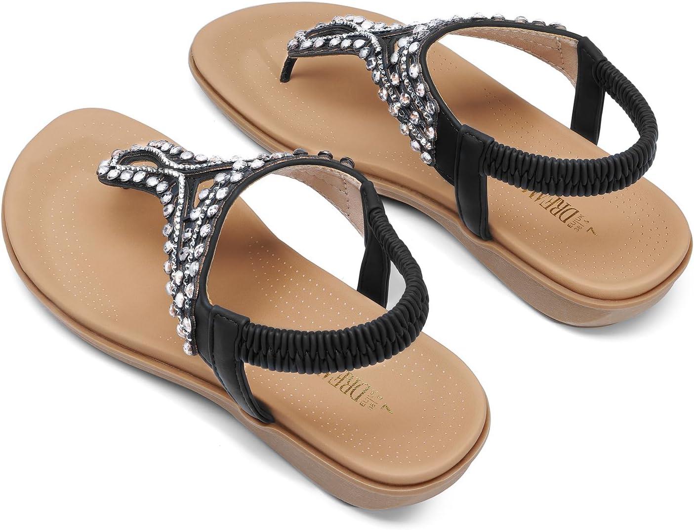 imageDREAM PAIRS Womens Comfortable Dressy Flat Sandals Rhinestone Elastic TStrap Thong Sandals for Summer BeachBlackBrownnubuck