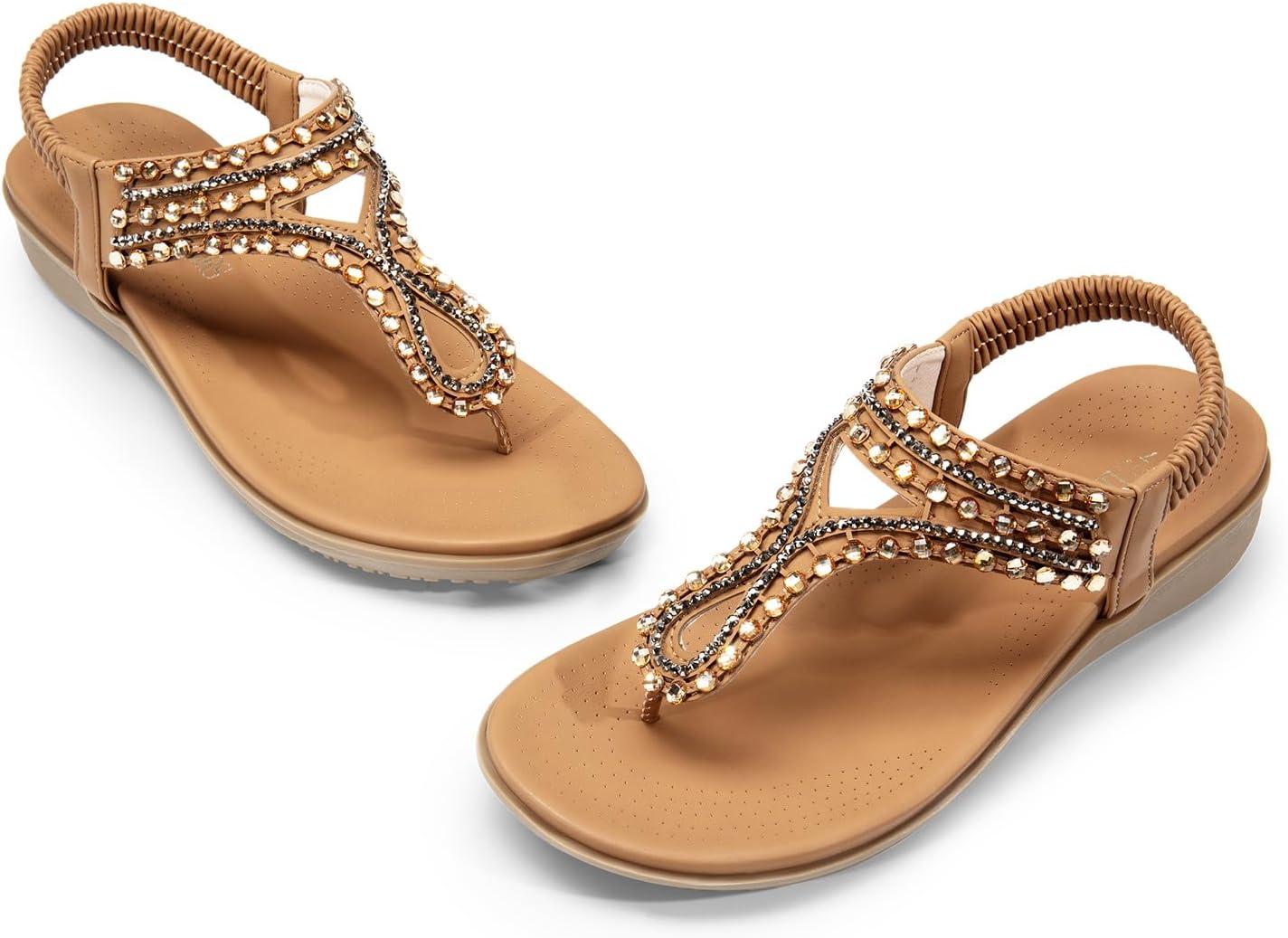 imageDREAM PAIRS Womens Comfortable Dressy Flat Sandals Rhinestone Elastic TStrap Thong Sandals for Summer BeachBrown