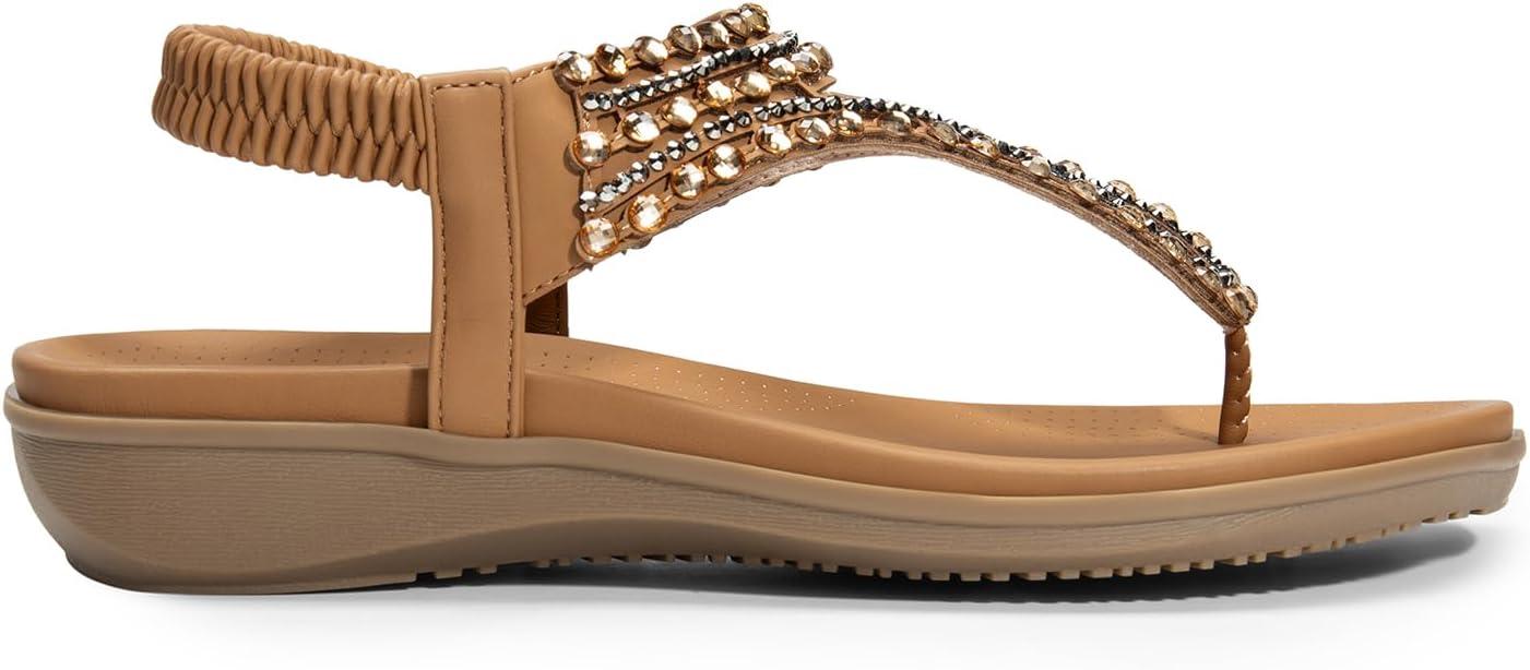 imageDREAM PAIRS Womens Comfortable Dressy Flat Sandals Rhinestone Elastic TStrap Thong Sandals for Summer BeachBrown