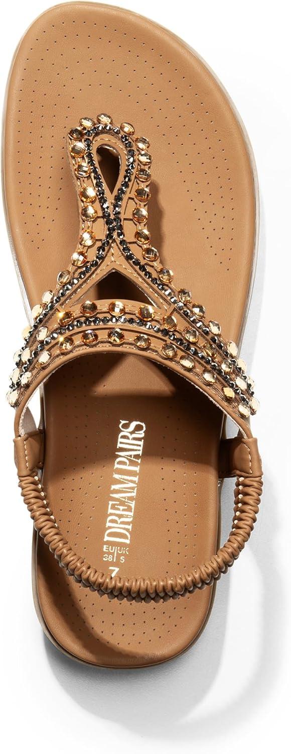 imageDREAM PAIRS Womens Comfortable Dressy Flat Sandals Rhinestone Elastic TStrap Thong Sandals for Summer BeachBrown