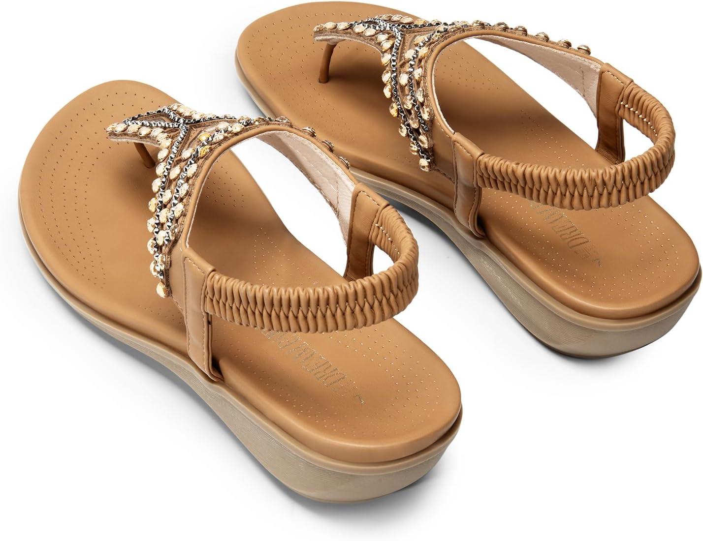 imageDREAM PAIRS Womens Comfortable Dressy Flat Sandals Rhinestone Elastic TStrap Thong Sandals for Summer BeachBrown