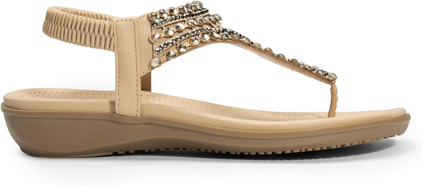 imageDREAM PAIRS Womens Comfortable Dressy Flat Sandals Rhinestone Elastic TStrap Thong Sandals for Summer BeachNude