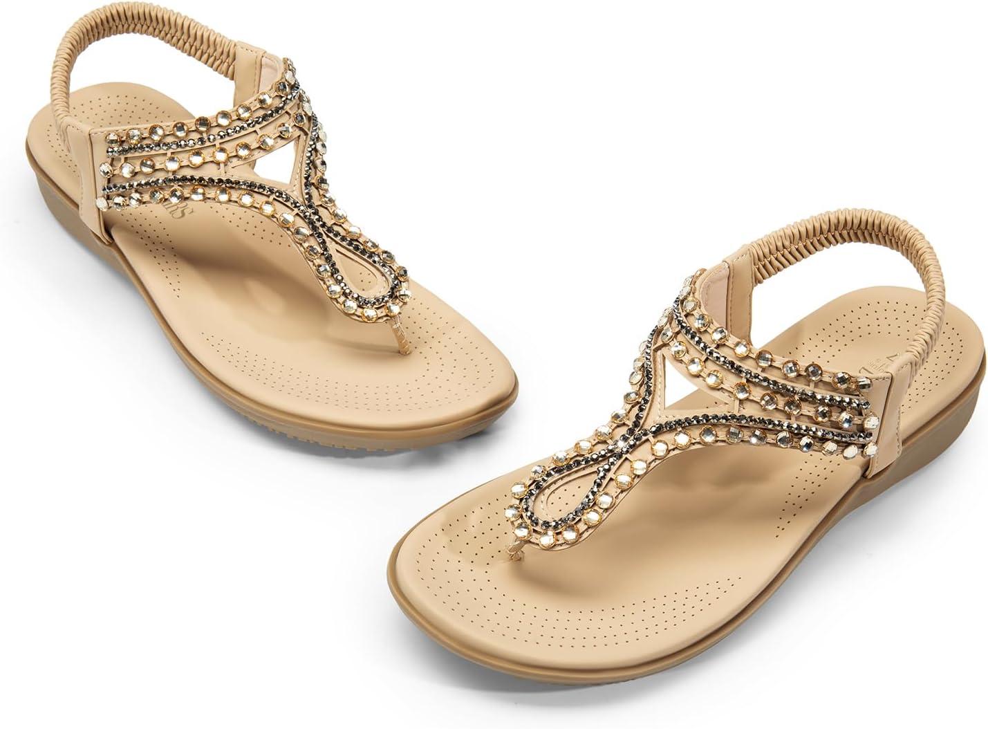 imageDREAM PAIRS Womens Comfortable Dressy Flat Sandals Rhinestone Elastic TStrap Thong Sandals for Summer BeachNude