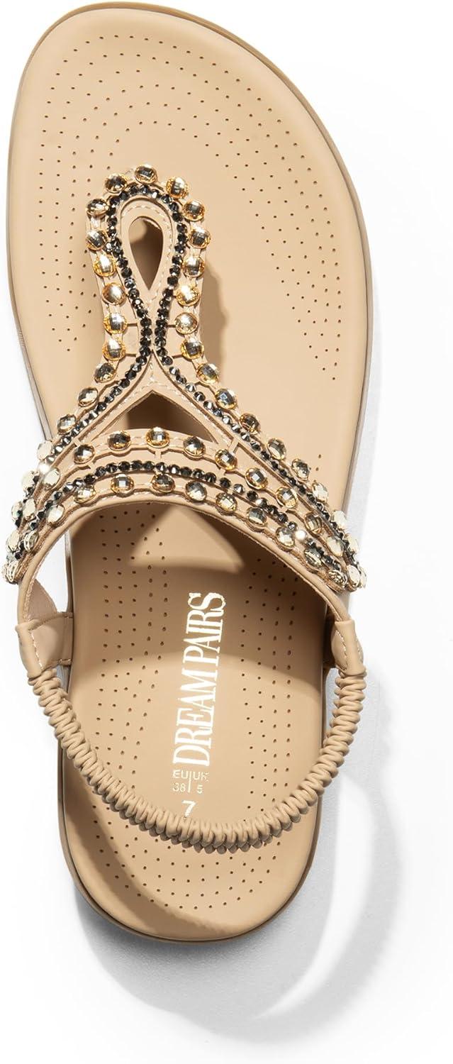 imageDREAM PAIRS Womens Comfortable Dressy Flat Sandals Rhinestone Elastic TStrap Thong Sandals for Summer BeachNude
