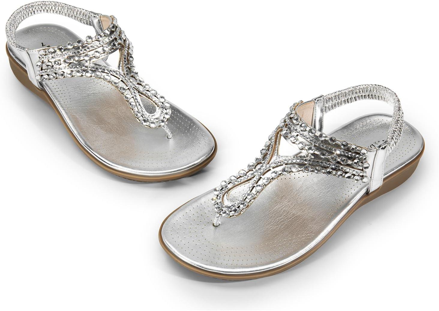 imageDREAM PAIRS Womens Comfortable Dressy Flat Sandals Rhinestone Elastic TStrap Thong Sandals for Summer BeachSilver