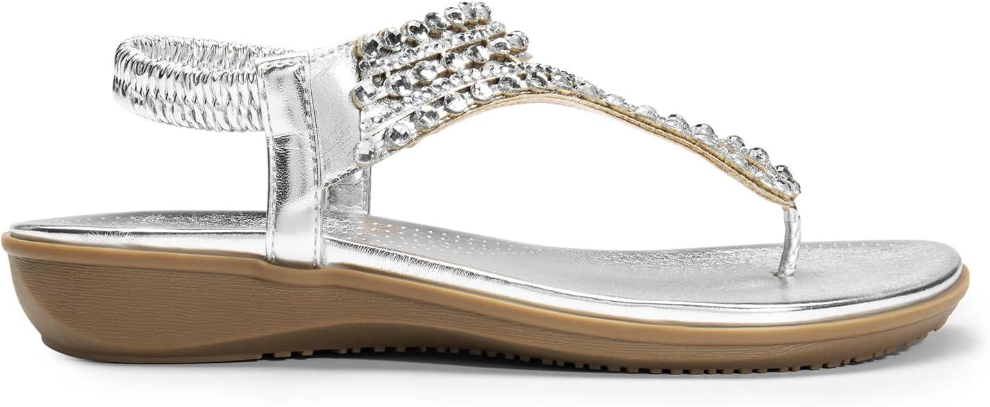 imageDREAM PAIRS Womens Comfortable Dressy Flat Sandals Rhinestone Elastic TStrap Thong Sandals for Summer BeachSilver