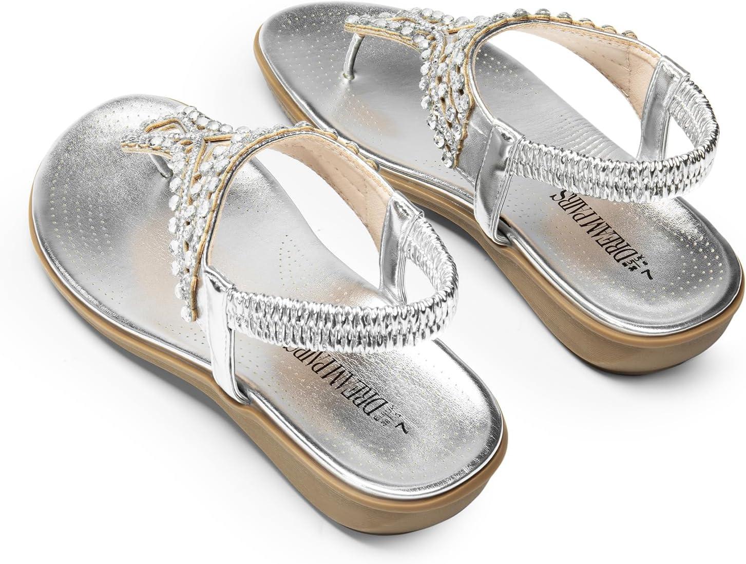imageDREAM PAIRS Womens Comfortable Dressy Flat Sandals Rhinestone Elastic TStrap Thong Sandals for Summer BeachSilver