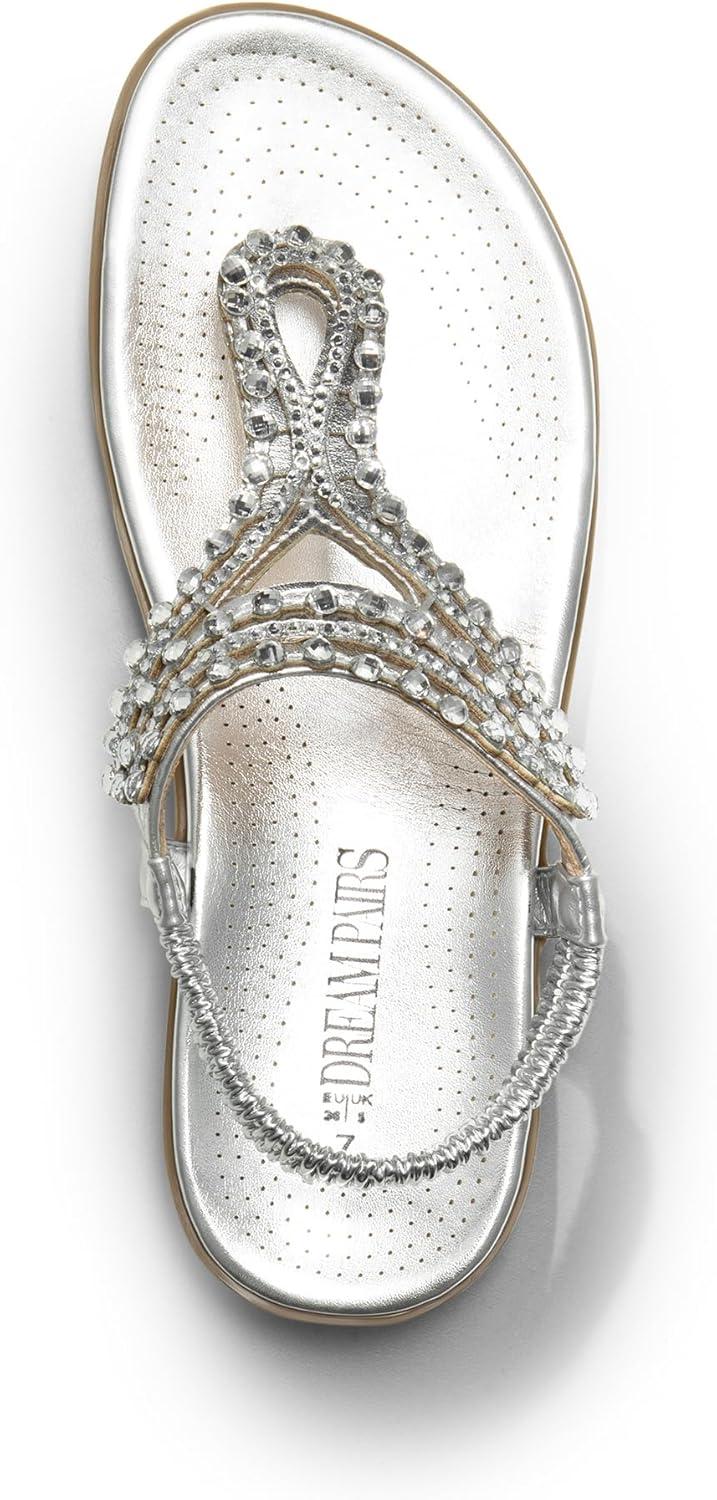 imageDREAM PAIRS Womens Comfortable Dressy Flat Sandals Rhinestone Elastic TStrap Thong Sandals for Summer BeachSilver