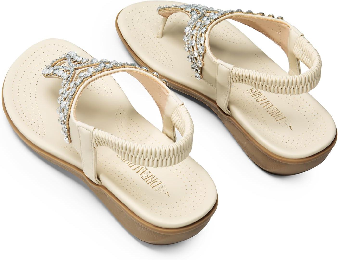 imageDREAM PAIRS Womens Comfortable Dressy Flat Sandals Rhinestone Elastic TStrap Thong Sandals for Summer BeachWhite