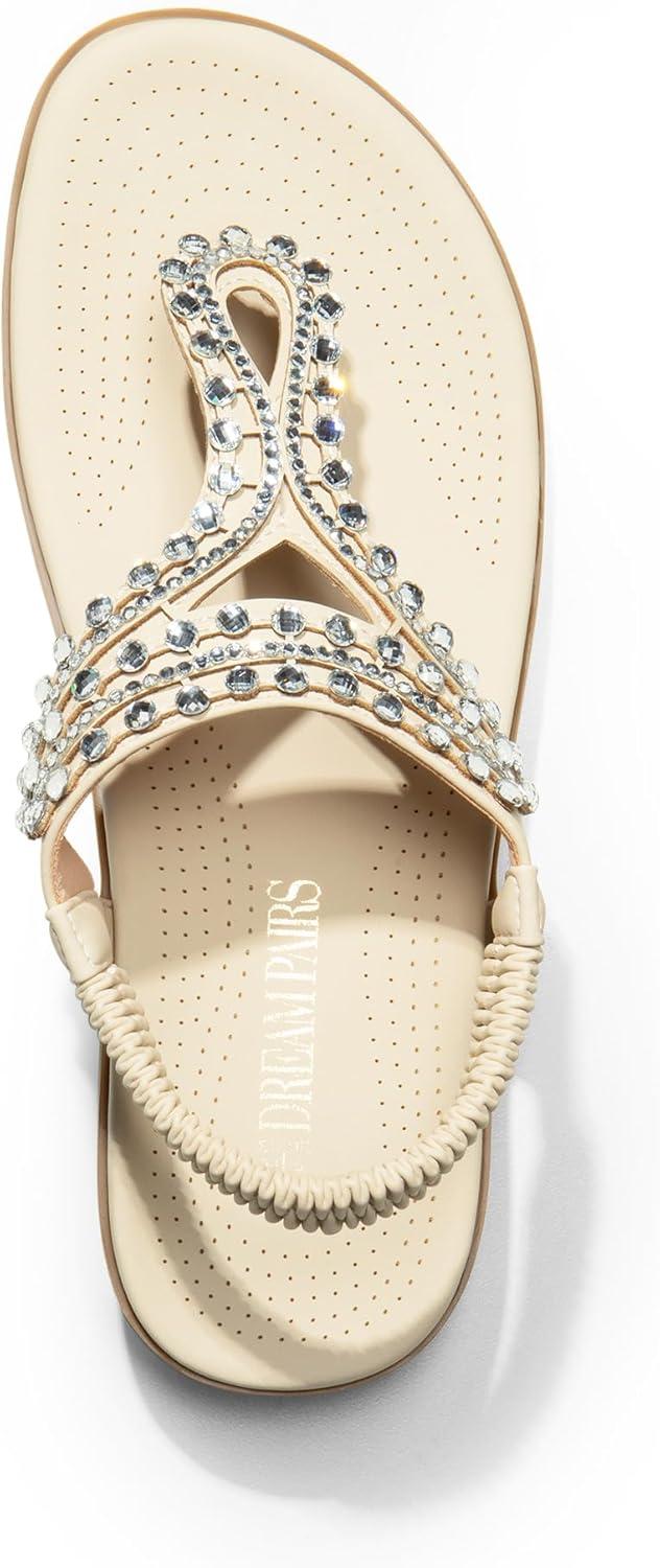 imageDREAM PAIRS Womens Comfortable Dressy Flat Sandals Rhinestone Elastic TStrap Thong Sandals for Summer BeachWhite