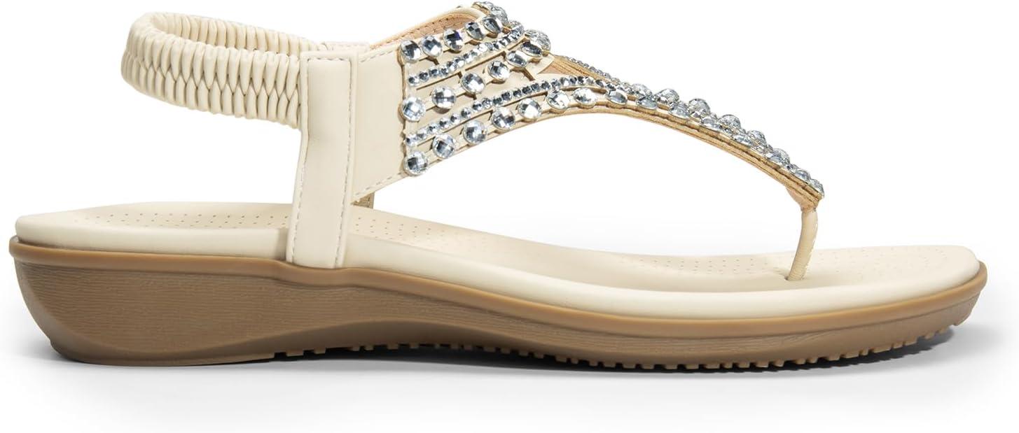 imageDREAM PAIRS Womens Comfortable Dressy Flat Sandals Rhinestone Elastic TStrap Thong Sandals for Summer BeachWhite