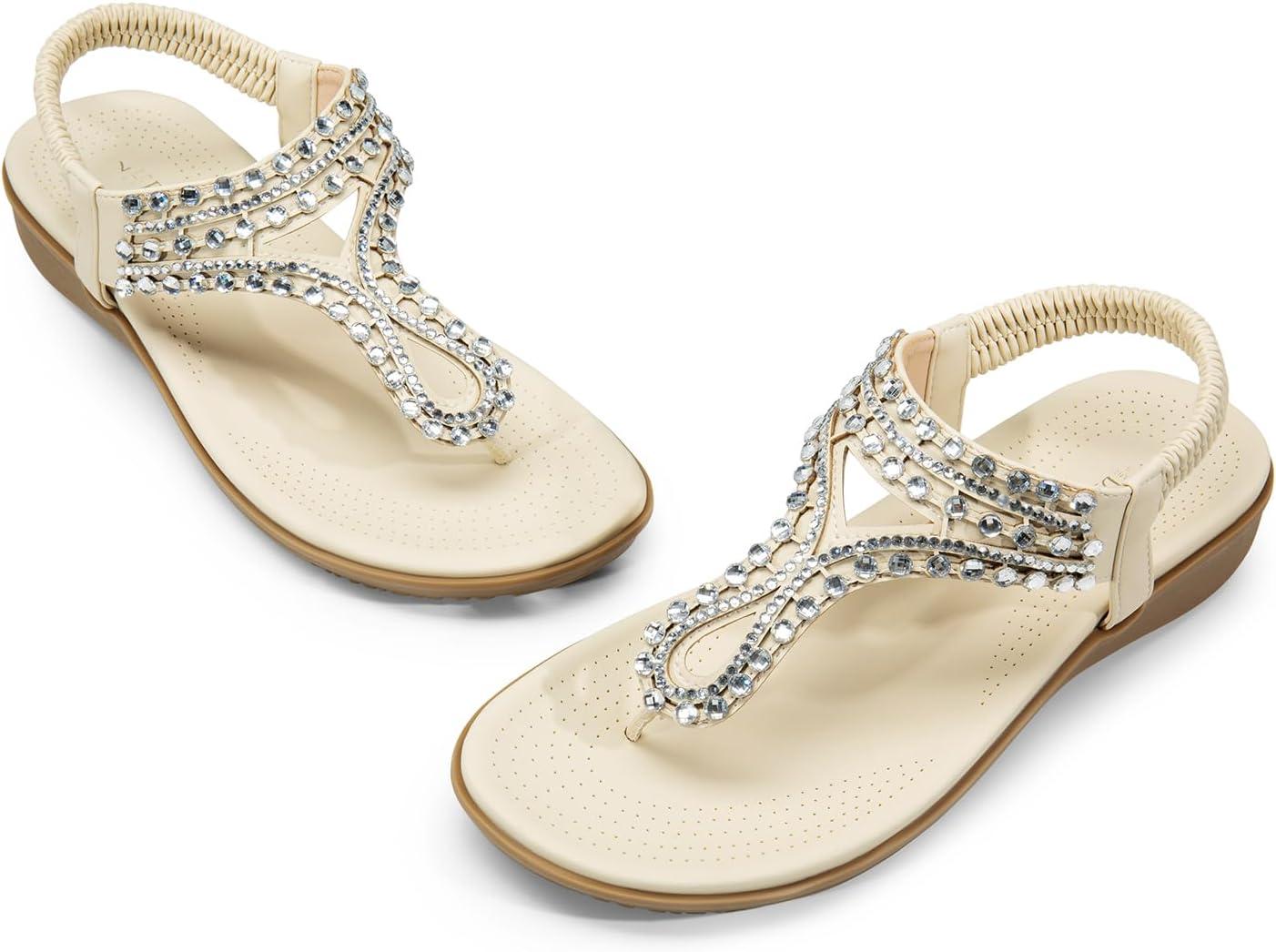 imageDREAM PAIRS Womens Comfortable Dressy Flat Sandals Rhinestone Elastic TStrap Thong Sandals for Summer BeachWhite