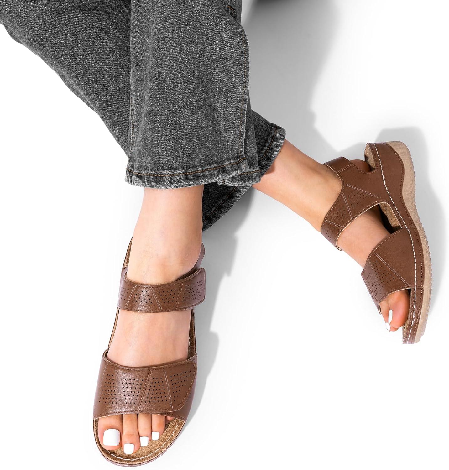 imageDREAM PAIRS Womens Comfortable Dressy Flats Sandals Open Toe One Band Casual Walking Sandals for SummerBrown