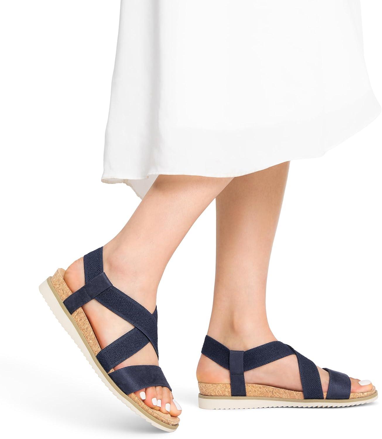 imageDREAM PAIRS Womens Comfortable Low Wedge Sandals Open Toe Slip On Strappy Flat Sandals Lightweight Summer ShoesBlue