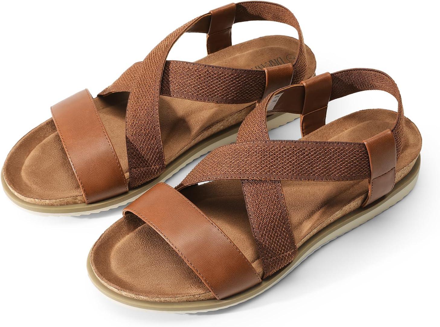 imageDREAM PAIRS Womens Comfortable Low Wedge Sandals Open Toe Slip On Strappy Flat Sandals Lightweight Summer ShoesBrown