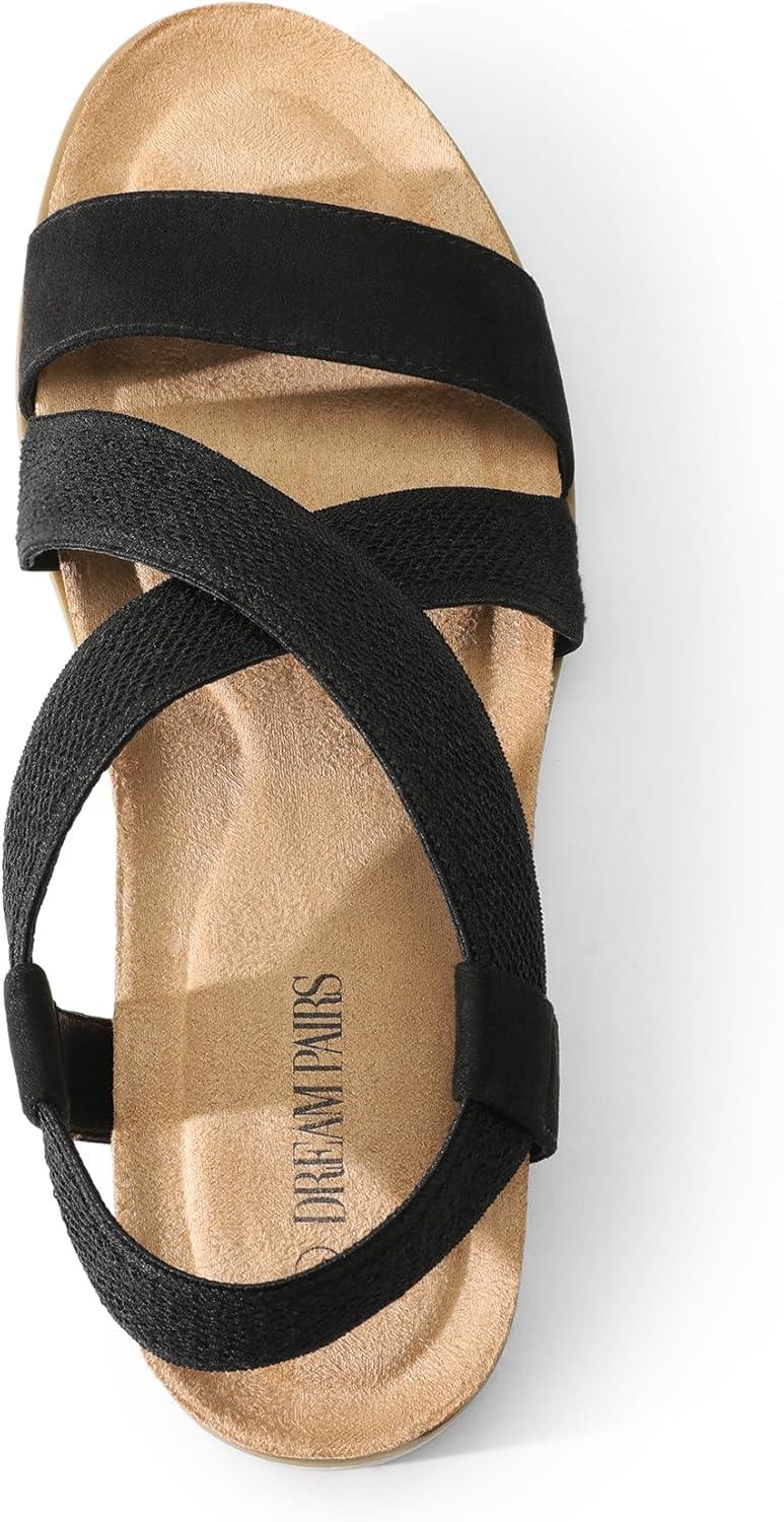 imageDREAM PAIRS Womens Comfortable Low Wedge Sandals Open Toe Slip On Strappy Flat Sandals with Elastic Ankle StrapBlacksuede