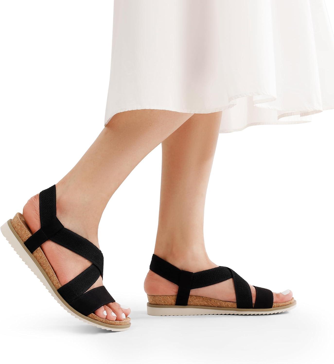 imageDREAM PAIRS Womens Comfortable Low Wedge Sandals Open Toe Slip On Strappy Flat Sandals with Elastic Ankle StrapBlacksuede