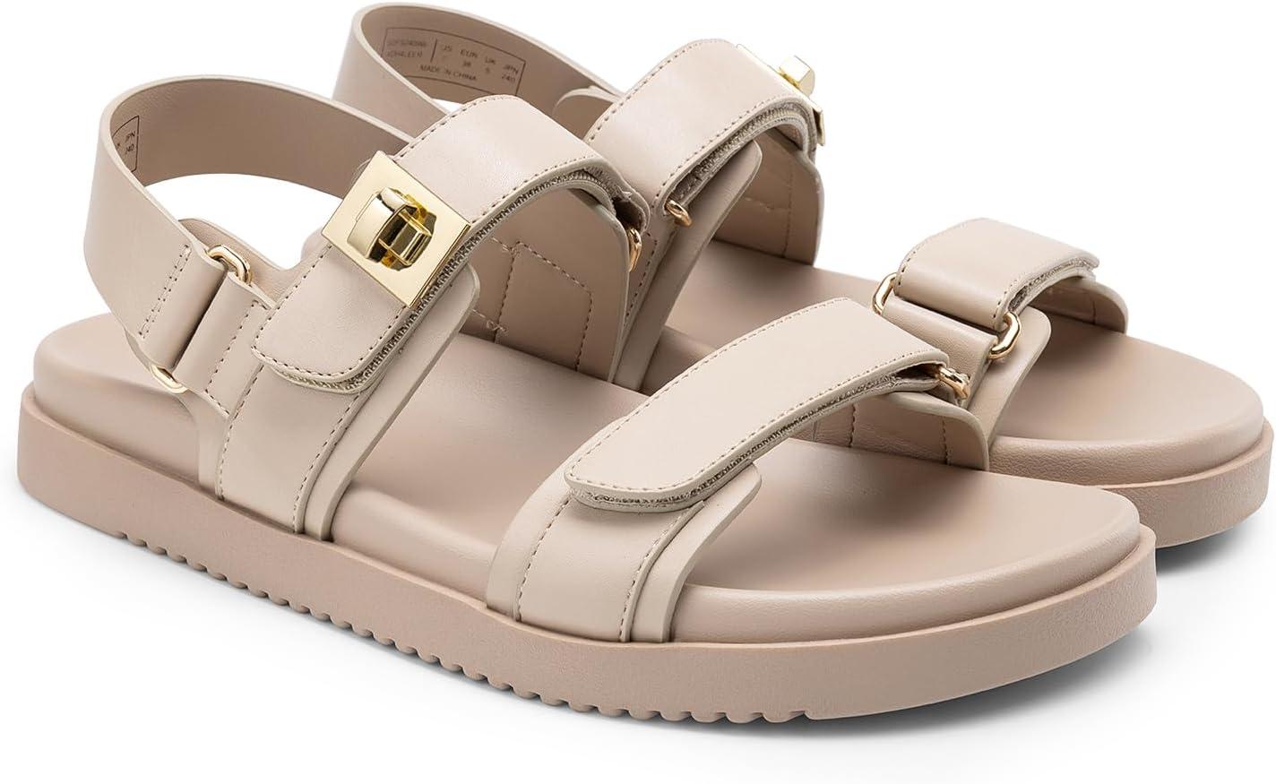 imageDREAM PAIRS Womens Comfortable Open Toe Flat Sandals Fashion One Band Summer Dessy SandalsBeigepu