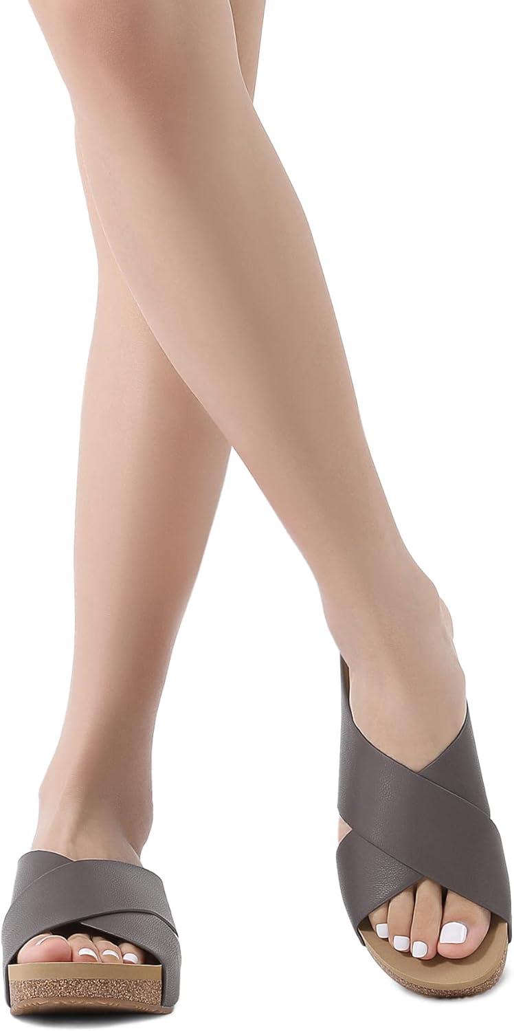 imageDREAM PAIRS Womens Cork Slide Sandals Slip on Open Toe Cute Platform Criss Cross Flat Sandals for SummerBrownPu