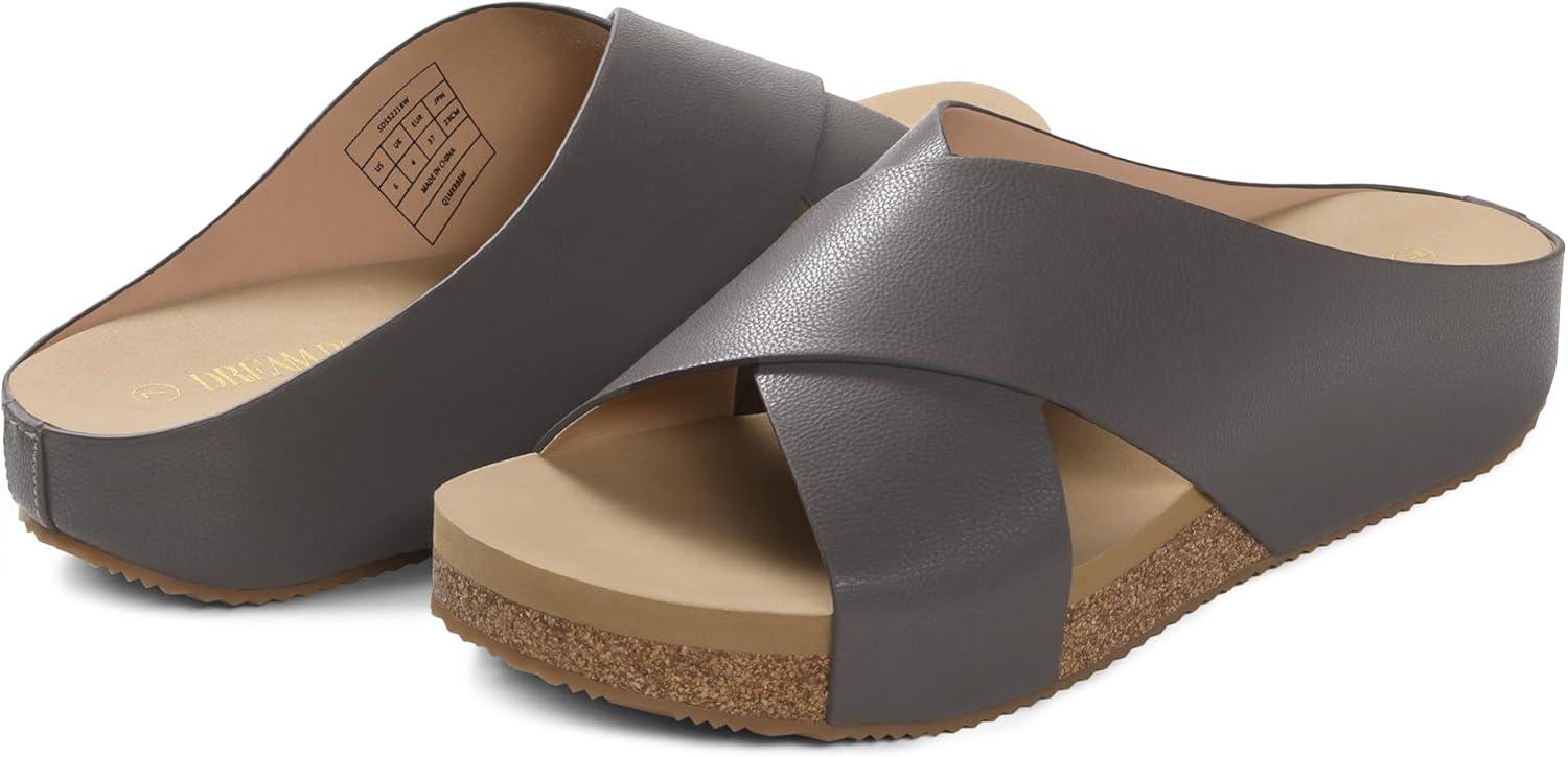 imageDREAM PAIRS Womens Cork Slide Sandals Slip on Open Toe Cute Platform Criss Cross Flat Sandals for SummerBrownPu