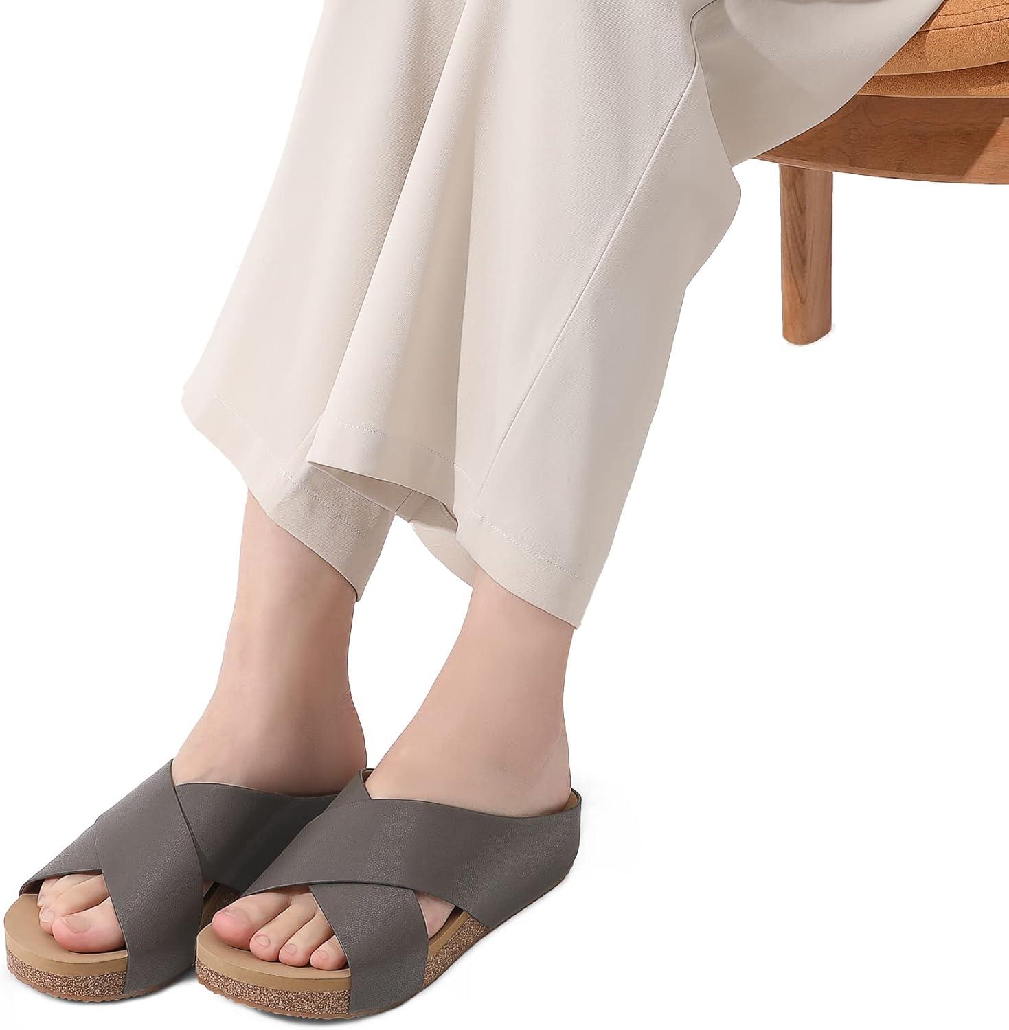 imageDREAM PAIRS Womens Cork Slide Sandals Slip on Open Toe Cute Platform Criss Cross Flat Sandals for SummerBrownPu