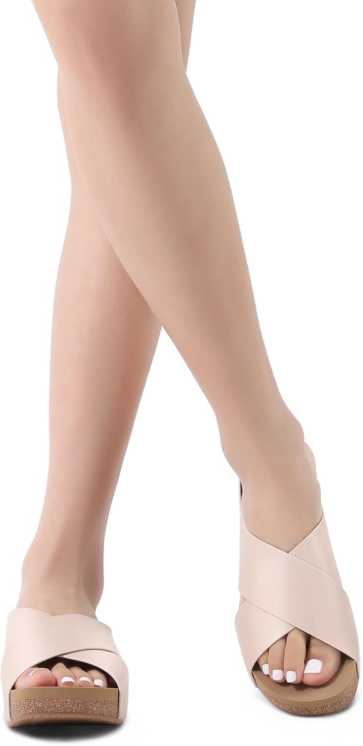 imageDREAM PAIRS Womens Cork Slide Sandals Slip on Open Toe Cute Platform Criss Cross Flat Sandals for SummerPinkPu