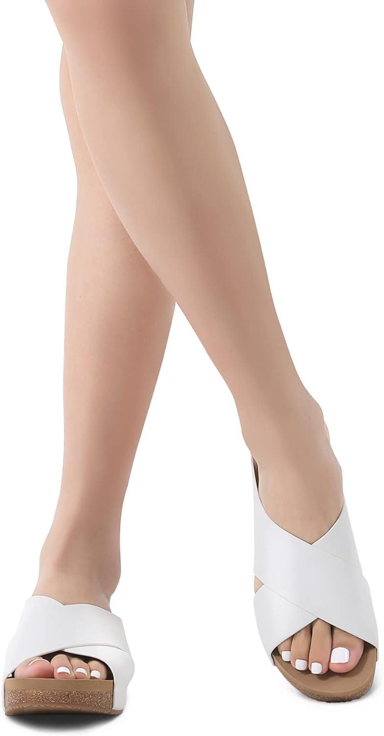 imageDREAM PAIRS Womens Cork Slide Sandals Slip on Open Toe Cute Platform Criss Cross Flat Sandals for SummerWhitePu