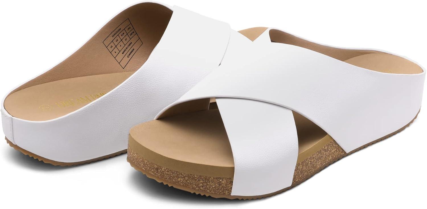 imageDREAM PAIRS Womens Cork Slide Sandals Slip on Open Toe Cute Platform Criss Cross Flat Sandals for SummerWhitePu