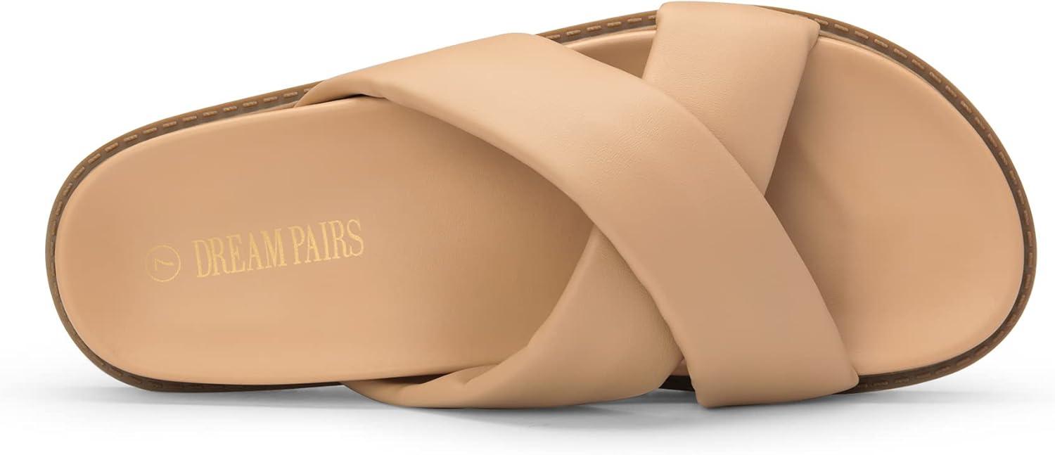 imageDREAM PAIRS Womens Crisscross Open Toe Slide Sandals Flat Comfort Slip on SandalsNude