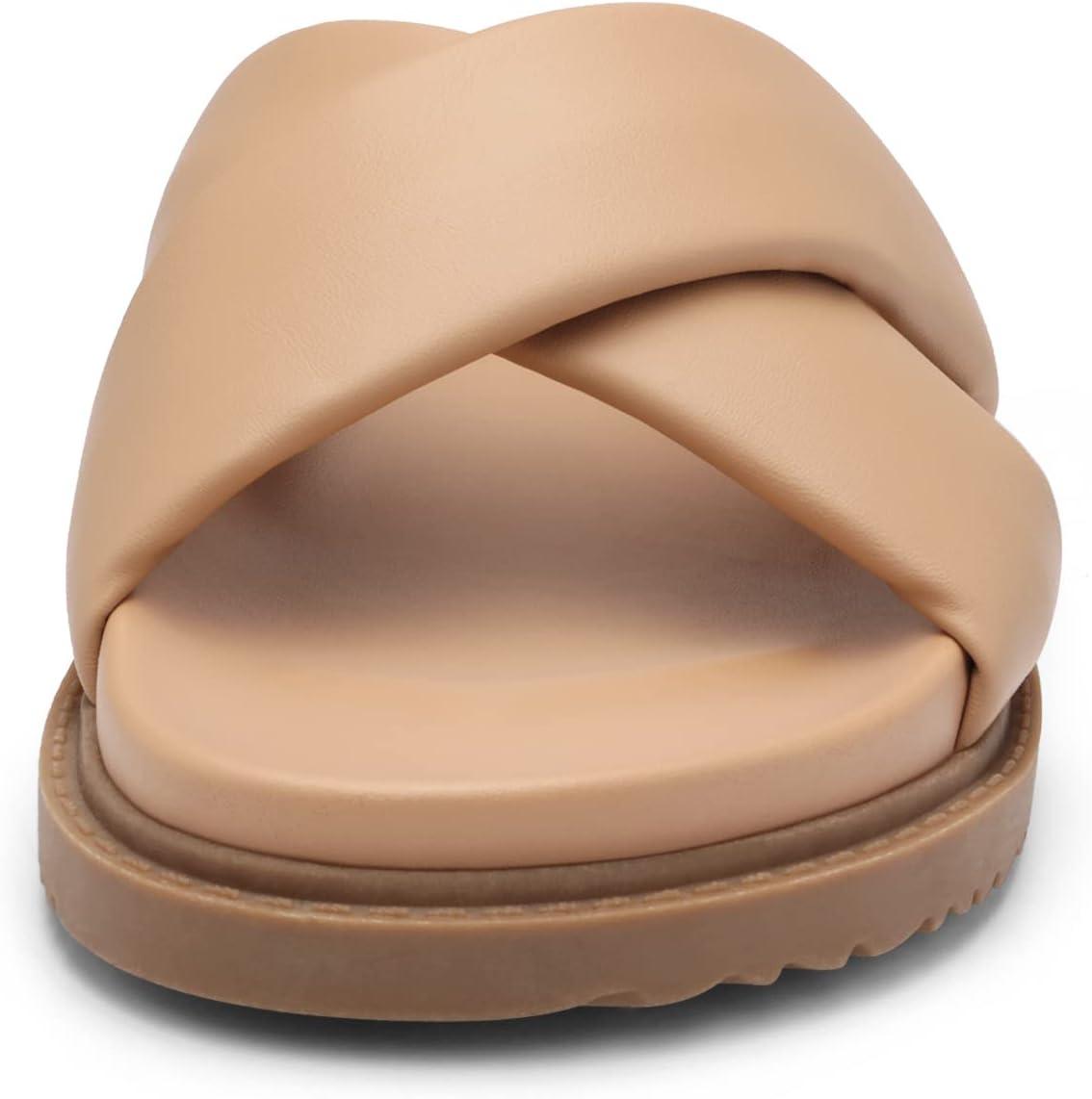 imageDREAM PAIRS Womens Crisscross Open Toe Slide Sandals Flat Comfort Slip on SandalsNude