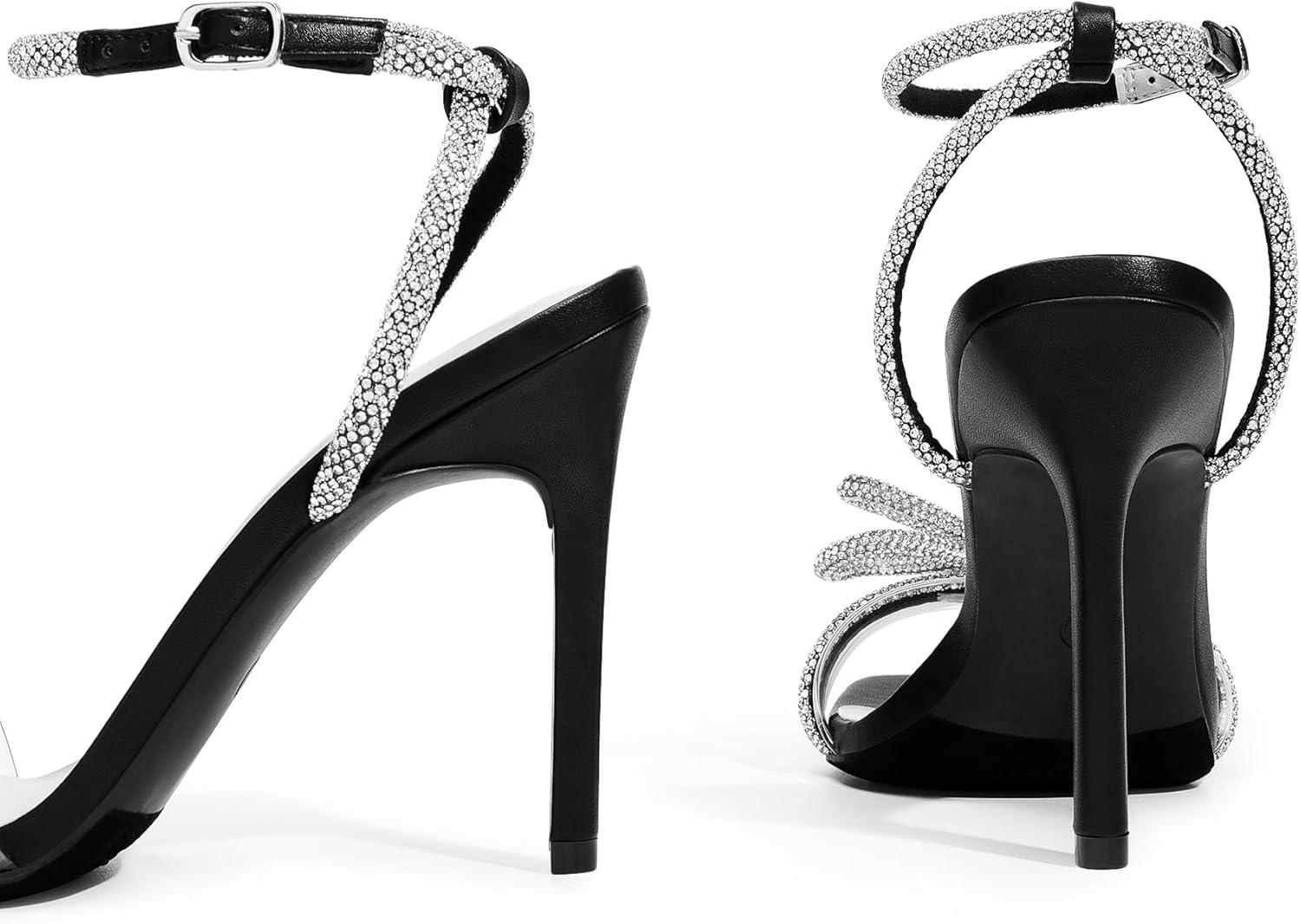 imageDREAM PAIRS Womens Double Bowknots Crystal Sandals Clear Slingback Heels Square Toe Shoes for Party WeddingBlack