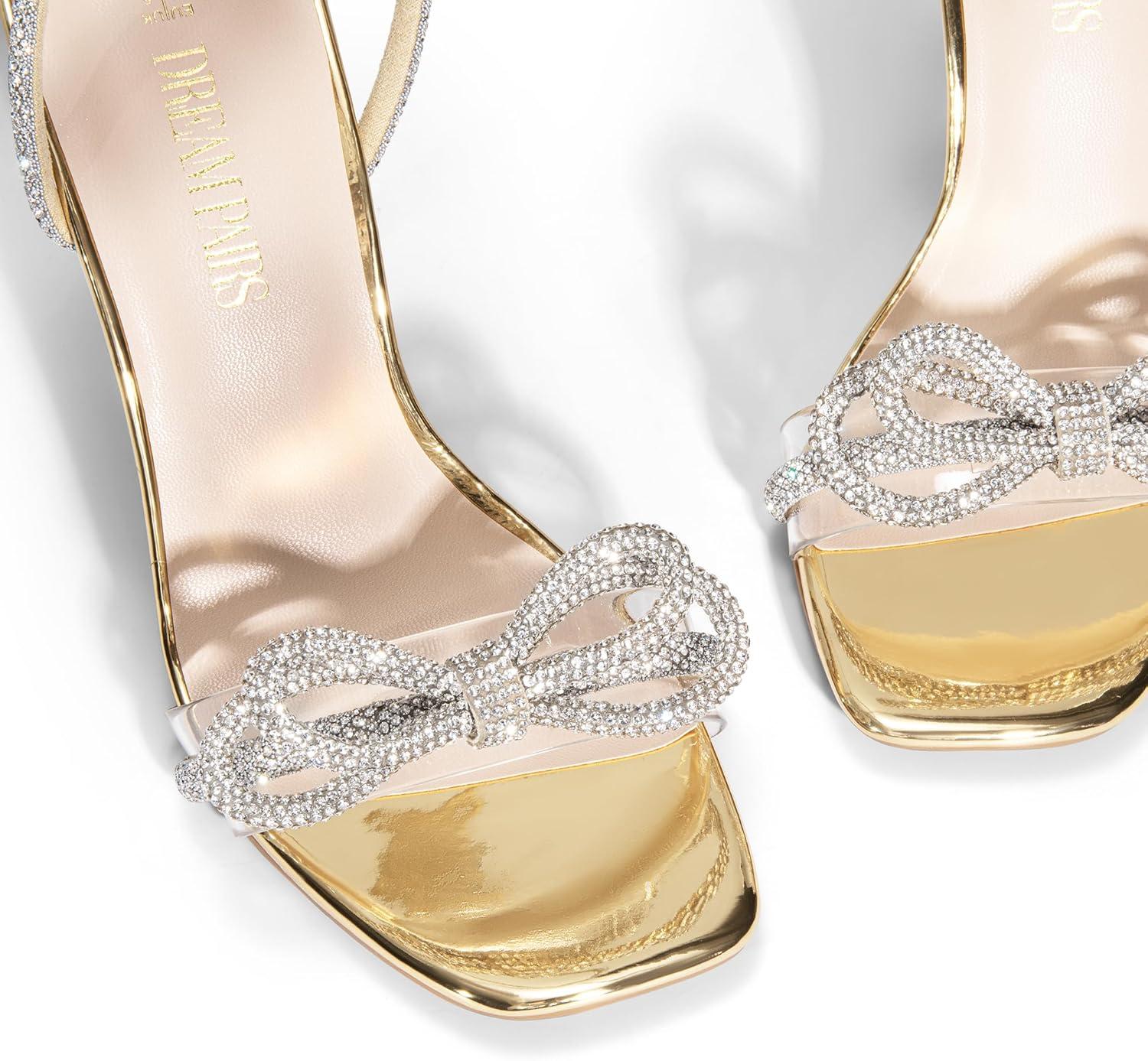 imageDREAM PAIRS Womens Double Bowknots Crystal Sandals Clear Slingback Heels Square Toe Shoes for Party WeddingGoldpat