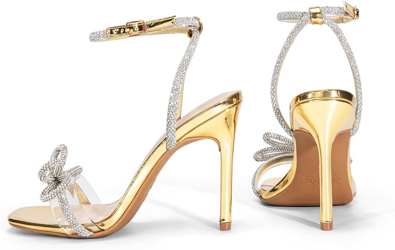 imageDREAM PAIRS Womens Double Bowknots Crystal Sandals Clear Slingback Heels Square Toe Shoes for Party WeddingGoldpat