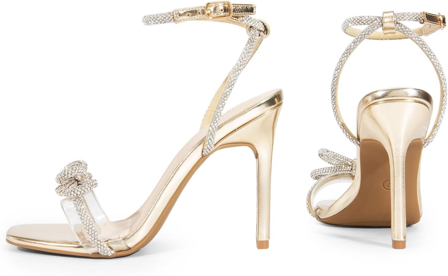 imageDREAM PAIRS Womens Double Bowknots Crystal Sandals Clear Slingback Heels Square Toe Shoes for Party WeddingGoldpu