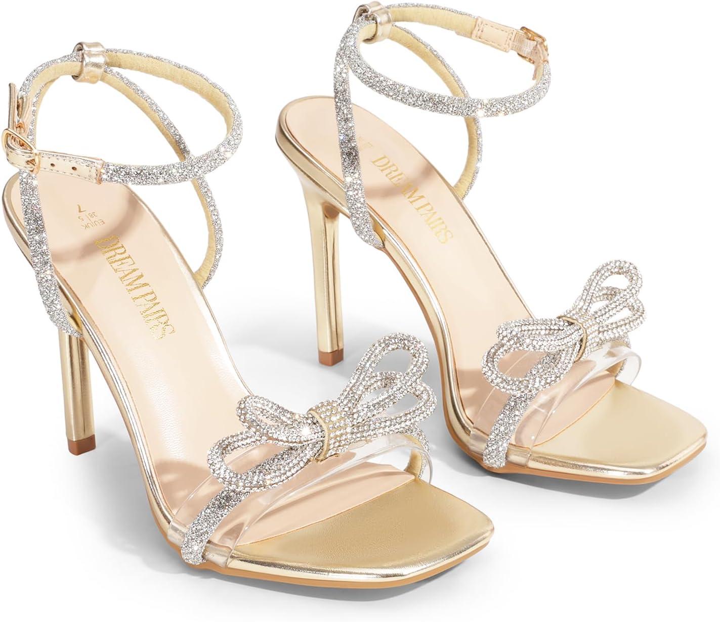 imageDREAM PAIRS Womens Double Bowknots Crystal Sandals Clear Slingback Heels Square Toe Shoes for Party WeddingGoldpu