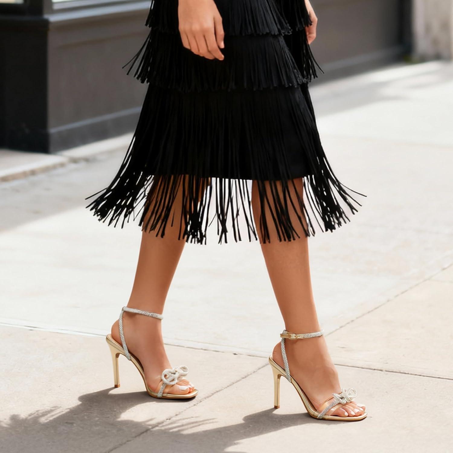 imageDREAM PAIRS Womens Double Bowknots Crystal Sandals Clear Slingback Heels Square Toe Shoes for Party WeddingGoldpu