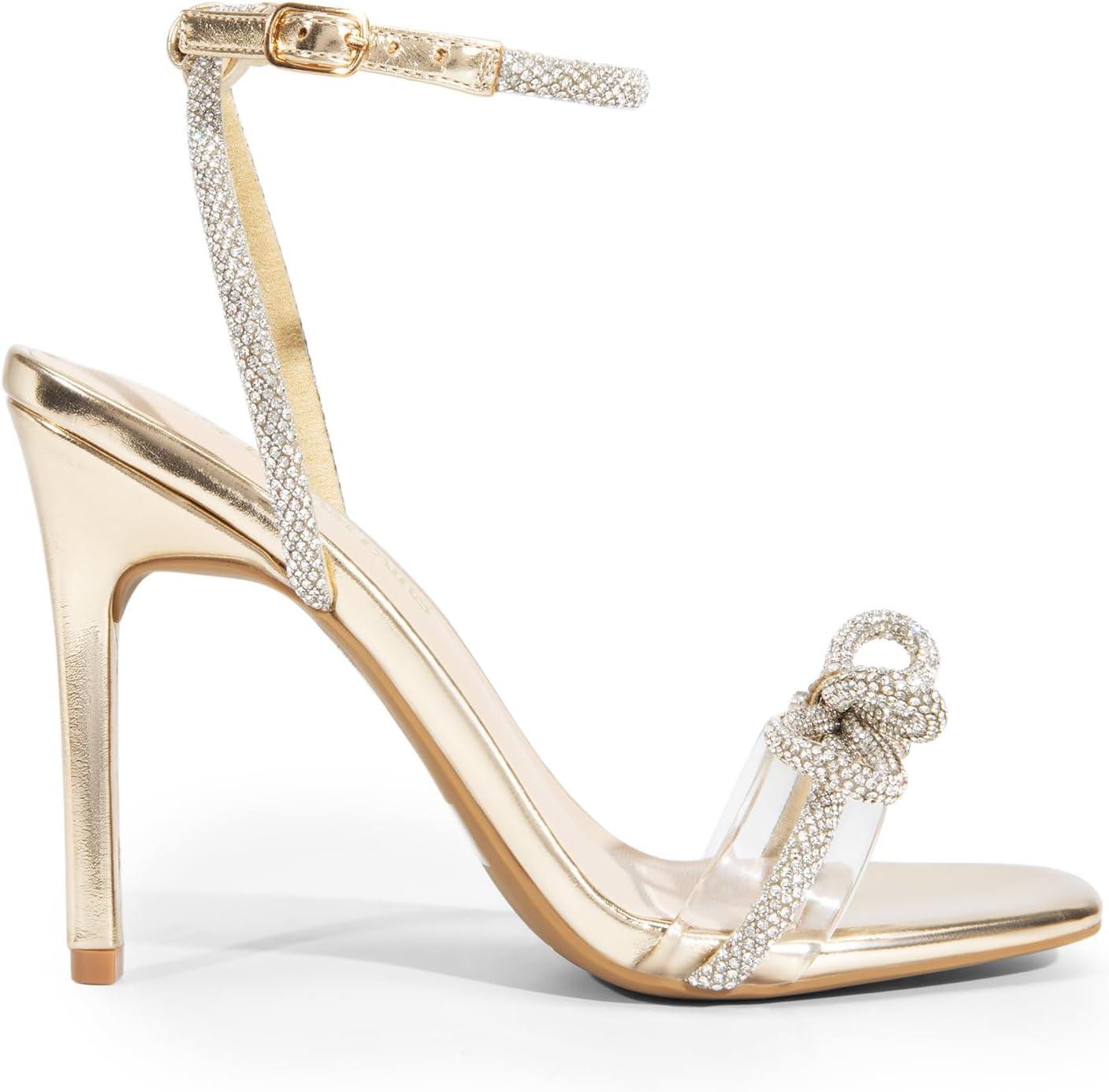 imageDREAM PAIRS Womens Double Bowknots Crystal Sandals Clear Slingback Heels Square Toe Shoes for Party WeddingGoldpu